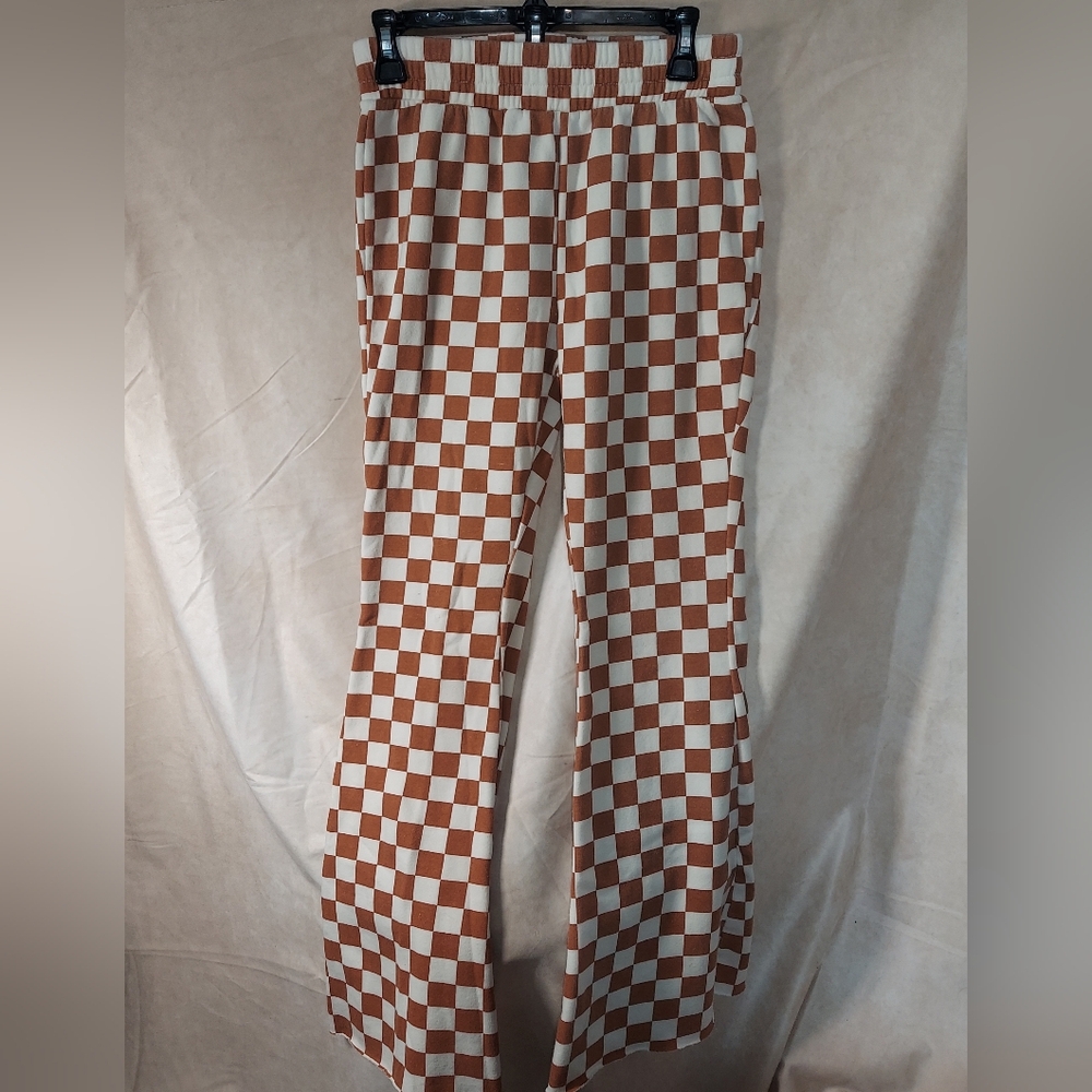 Grayson Threads Checkered Flare Lounge Pants Brown White Small Raw Hem High Rise - Picture 2 of 10